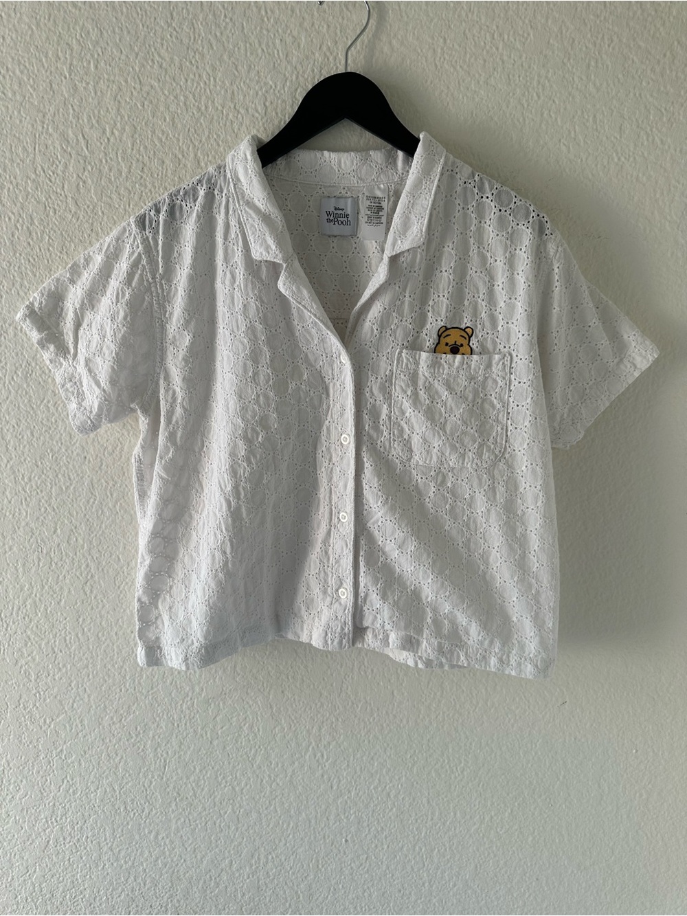 Official Disney Winnie the Pooh White Eyelet Cotton Crop Button Up Shirt